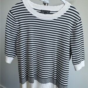 Adrianna Papell Slate Blue and White Striped Crewneck Sweater